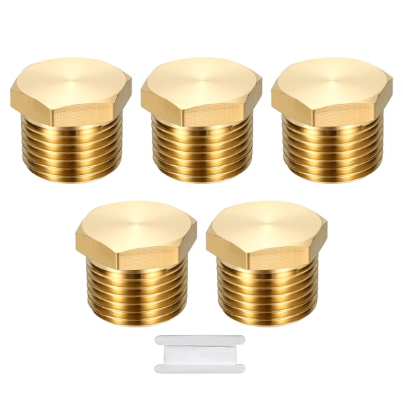 Uxcell 5 Pack Outer Hex Head Socket Pipe Plug Fitting, 3/4" NPT Male Threaded End Cap, Brass Outer Hex Thread Pipe Fitting W/Thread Seal Tape for Water Pump, Engine, Industrial Piping