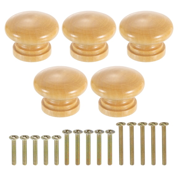 Uxcell 5 Pack Round Wood Drawer Knob, 1.3" x 0.98" Round Cabinet Knobs Mushroom Shape Paint Surface Wooden Knobs with Screws for Furniture Drawer Dresser Wardrobe Cupboard, Wood Color