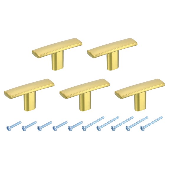 Uxcell 5 Pack Single Hole Cabinet Knobs, 1.7 Inch Kitchen Cabinet Handles Solid Zinc Alloy t Bar Knob for Kitchen Bathroom Cabinets Drawers Hardware, Gold