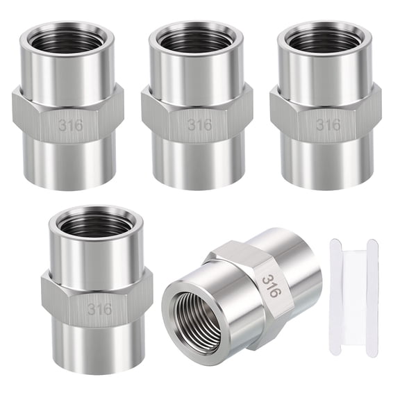 Uxcell 5 Packs 316 Stainless Steel Pipe Fittings, 3/8" FeMale NPT to 1/4" FeMale NPT 316 Stainless Steel Coupling W/ Sealing Tape, Coupler Hex Head Connector for Air, Oil, LP, Gas