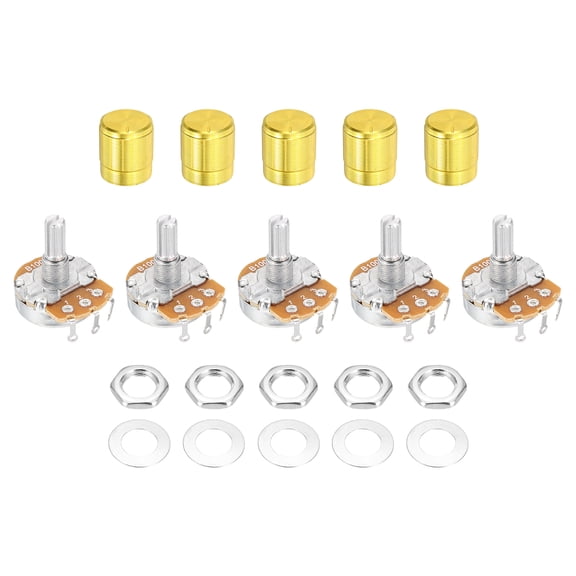 Uxcell 5 Pcs 100K Ohm Rotary Potentiometer, WH138 3 Pin Single Turn Linear Taper Variable Resistor Potentiometers with Alloy Knob for Inverter Speed Regulation, Gold