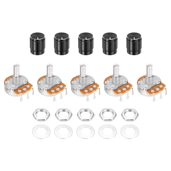 Uxcell 5 Pcs 10K Ohm Rotary Potentiometer, WH138 3 Pin Single Turn Linear Taper Variable Resistor Potentiometers with Alloy Knob for Inverter Speed Regulation, Black