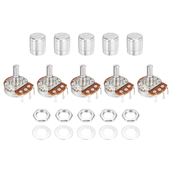 Uxcell 5 Pcs 250K Ohm Rotary Potentiometer, WH138 3 Pin Single Turn Linear Taper Variable Resistor Potentiometers with Alloy Knob for Inverter Speed Regulation, Silver