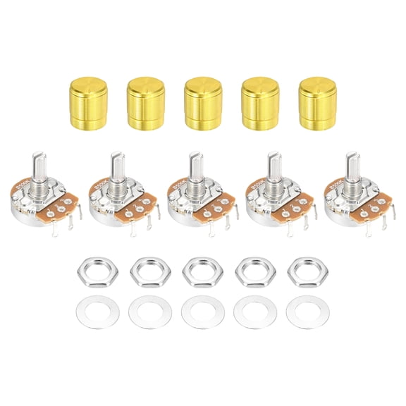 Uxcell 5 Pcs 500K Ohm Rotary Potentiometer, WH138 3 Pin Single Turn Linear Taper Variable Resistor Potentiometers with Alloy Knob for Inverter Speed Regulation, Gold