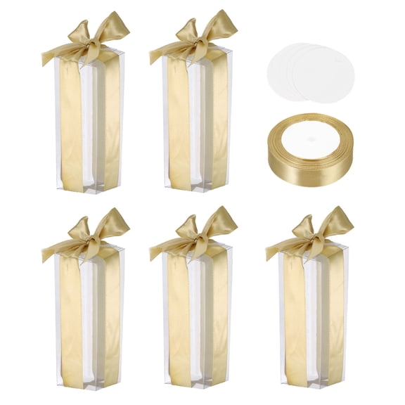 Uxcell 5 Pcs Clear Gift Boxes, 50x50x150mm Clear Boxes for Favors with Gold Ribbon Blank Tag, Plastic Gift Box for Wedding, Party Favors, Candy Boxes, Home Birthday Decor
