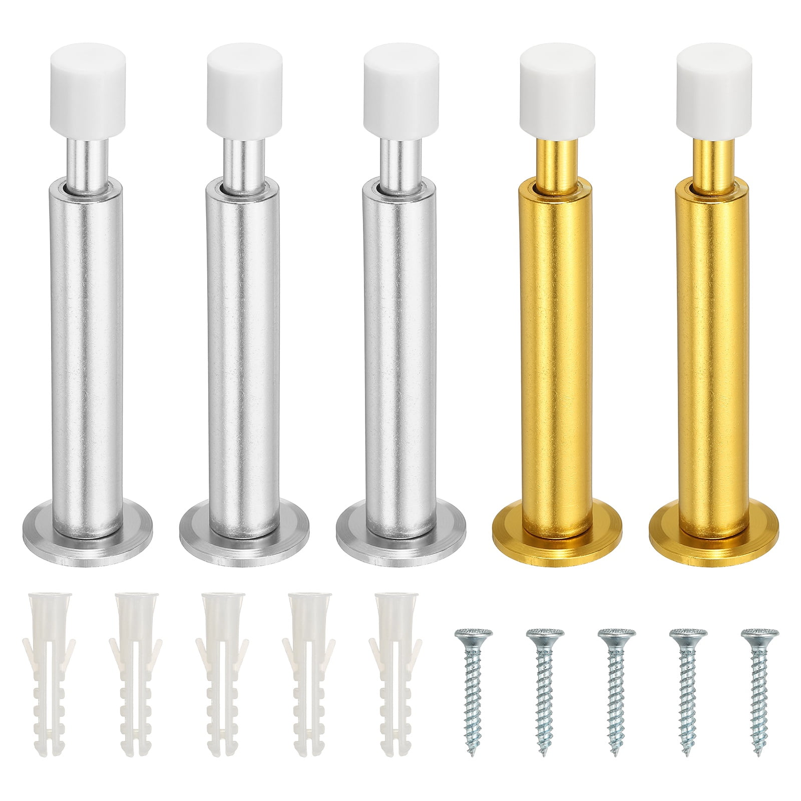 Uxcell 5 Pcs Doorstops, Aluminum Door Stop Metal Wall Protector Doorstop Long Solid for Home Office Shopping Mall to Protect Wall Door, 3 Silver/2 Gold