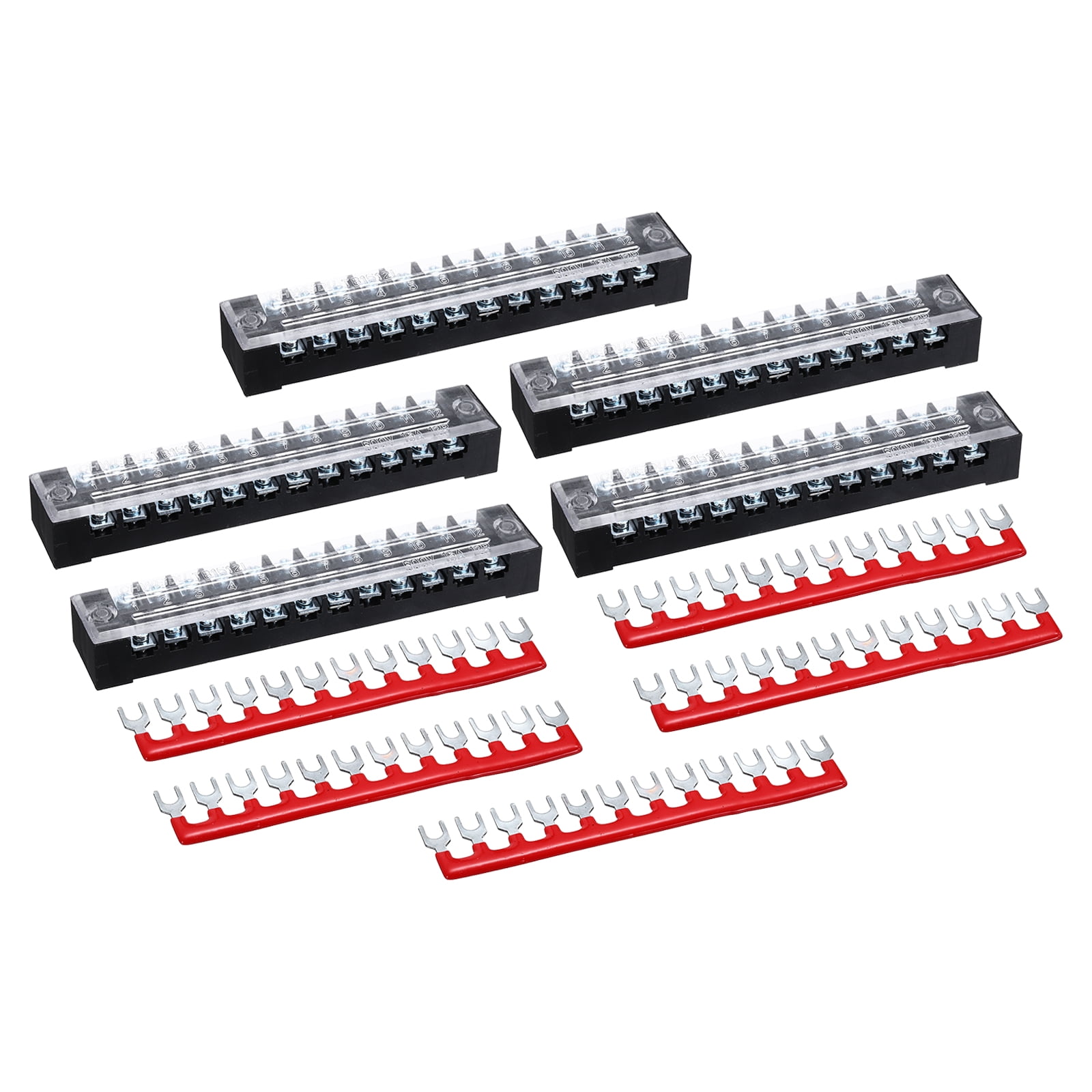 Uxcell 5 Pcs Dual Row Terminal Block, 600V 15A 12 Positions Screw Terminal Block with 10PCS Pre-Insulated Barrier Strips for Power System, Home Appliances