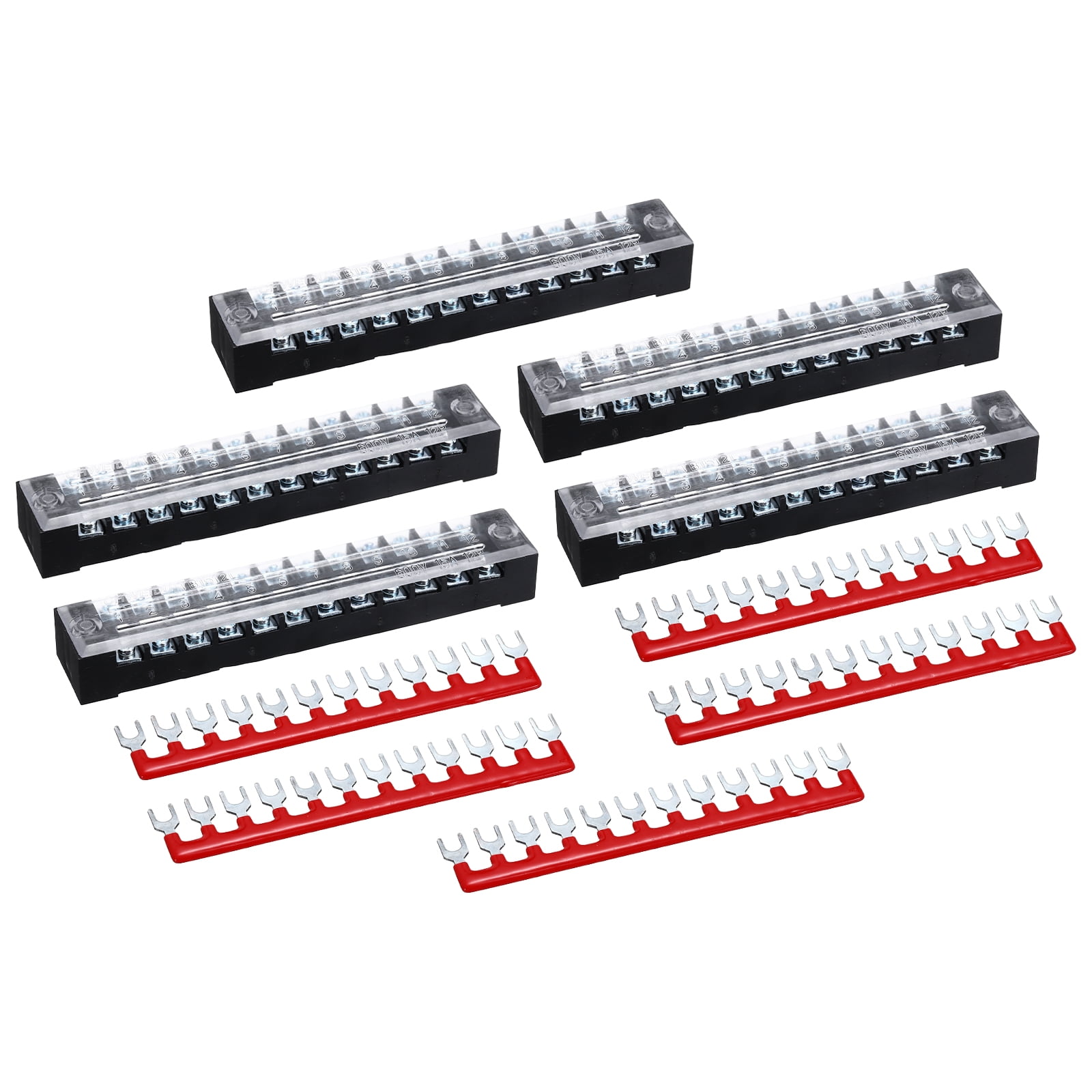 Uxcell 6Pcs Dual Row Terminal Block, 600V 15A 12 Positions Screw Terminal Block with 6PCS Pre-Insulated Barrier Strips for Power System, Home Appliances