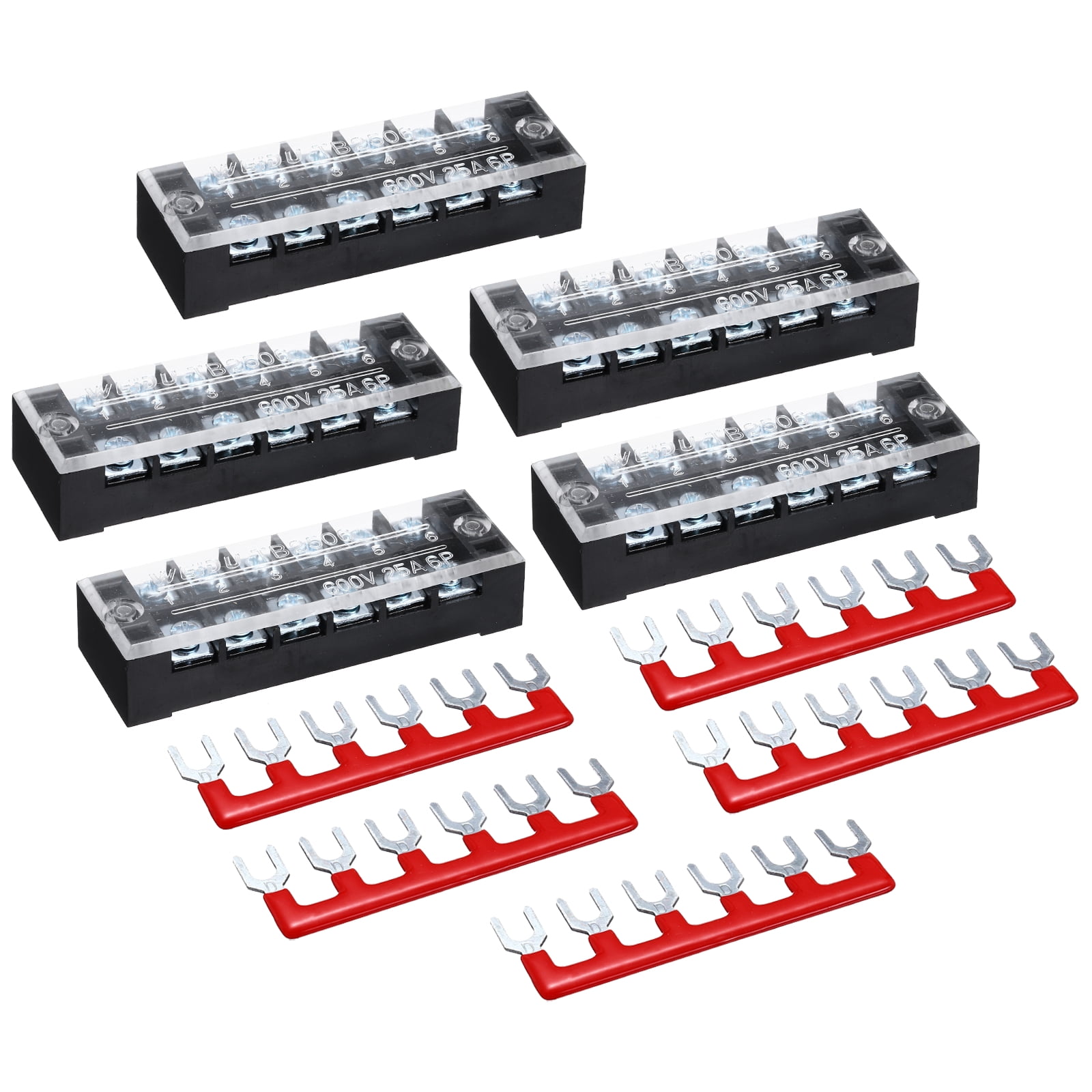 Uxcell 5 Pcs Dual Row Terminal Block, 600V 25A 6 Positions Screw Terminal Block with 10PCS Pre-Insulated Barrier Strips for Power System, Home Appliances