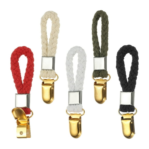 Uxcell 5 Pcs Hanging Tea Towel Clips, 0.9" Width Braided Cotton Loop Towel Clip with Gold Metal Clamp for Kitchen Bathroom RVs Camping Hanging Organize Tool, Multicolor