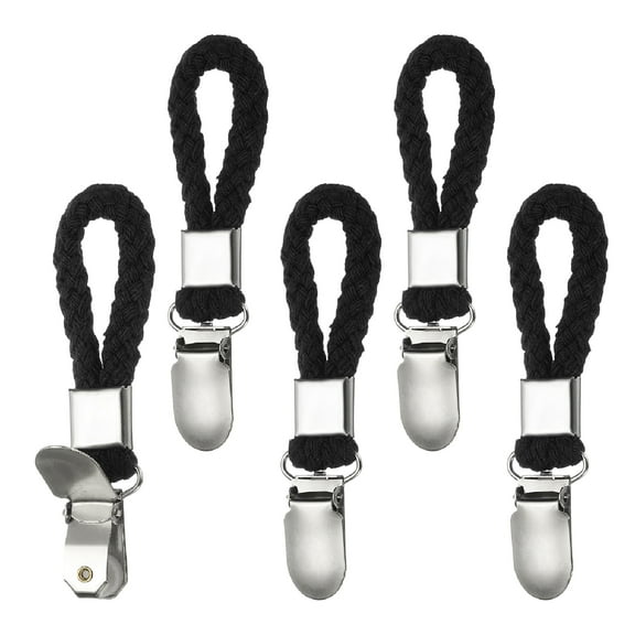 Uxcell 5 Pcs Hanging Tea Towel Clips, 0.9" Width Braided Cotton Loop Towel Clip with Silver Metal Clamp for Kitchen Bathroom RVs Camping Hanging Organize Tool, Black