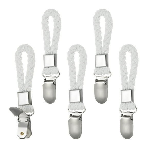 Uxcell 5 Pcs Hanging Tea Towel Clips, 0.9" Width Braided Cotton Loop Towel Clip with Silver Metal Clamp for Kitchen Bathroom RVs Camping Hanging Organize Tool, White