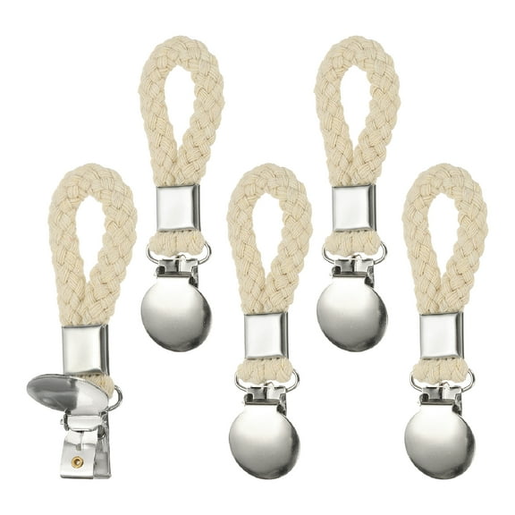 Uxcell 5 Pcs Hanging Tea Towel Clips, 1" Width Braided Cotton Loop Towel Clip with Silver Metal Clamp for Kitchen Bathroom RVs Camping Hanging Organize Tool, Beige