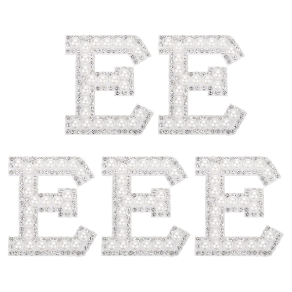 Uxcell 5 Pcs Iron on Pearl Letter E Patches, Pearl Rhinestone A-Z Alphabet Self Adhesive Sew on Patches, Glitter Letter Applique for Clothes Fabric DIY Backpack, White