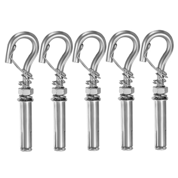 Uxcell 5 Pcs M8 304 Stainless Steel Concrete Wall Hook Heavy Duty Expansion Bolt Open Cup Hook Bolt with Spring for Indoor Outdoor Concrete Wall Brick Stone, Silver