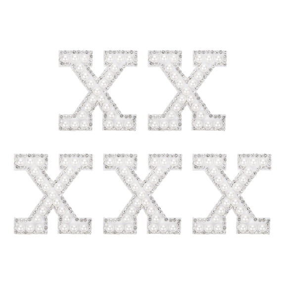 Uxcell 5 Pcs Pearl Letter X Patches, Pearl Rhinestone A-Z Alphabet Self Adhesive Sew on Patches, Glitter Letter Applique Sticker for Clothes Fabric DIY Backpack, White