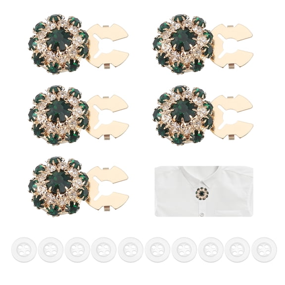 Uxcell 5 Pcs Rhinestone Button Covers Decorative Clips with 10 Pcs White Sewing Buttons Detachable Sewing Replacement for Women Men DIY Crafts Holiday Accessories (Dark Green/Gold)