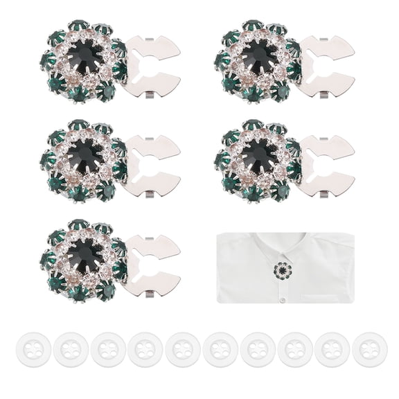 Uxcell 5 Pcs Rhinestone Button Covers Decorative Clips with 10 Pcs White Sewing Buttons Detachable Sewing Replacement for Women Men DIY Crafts Holiday Accessories (Dark Green/Silver)