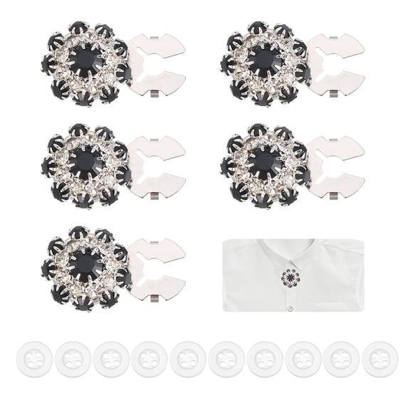 Uxcell 5 Pcs Rhinestone Button Covers Decorative Clips with 10 Pcs White Sewing Buttons Detachable Sewing Replacement for Women Men DIY Crafts Holiday Accessories (Black/Silver)