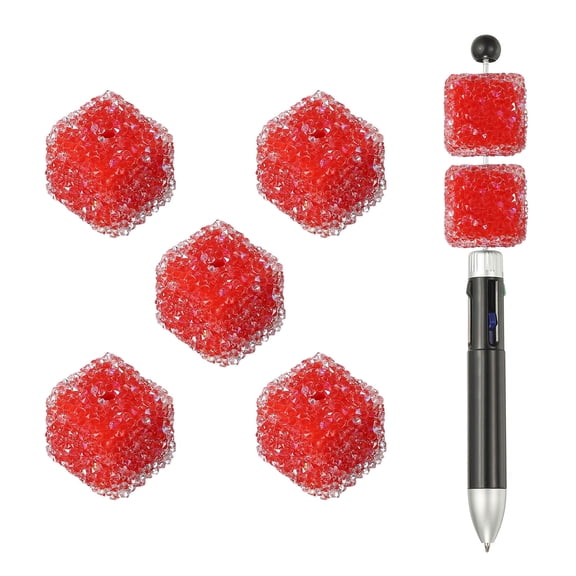 Uxcell 5 Pcs Square Rhinestone Beads for Pens, 17mm Sugar Beads Acrylic Crystal Cube Shaped Sparkle Spacer for Jewelry Making Pen Bracelet Necklace Earrings DIY Crafts, Red