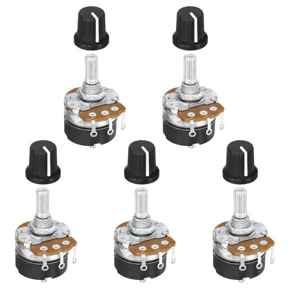 Uxcell 5 Set 500K Ohm Rotary Potentiometers, WH138 3 Pin Single Turn Linear Taper Variable Resistor Potentiometer with Switch 15mm Black Plastic Knob Cap for Inverter Speed Regulation