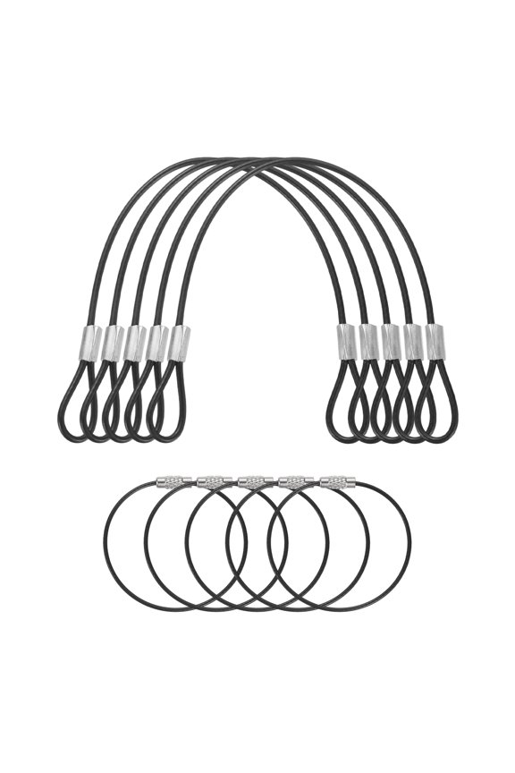 5 Set Security Cable Lock - Double Loop Cable (0.66 ft x 0.08 Inch) with Wire Keychain Cable (6 x 0.06 Inch) Vinyl Coated Stainless Steel Safety Rope Key Ring Holder, Black