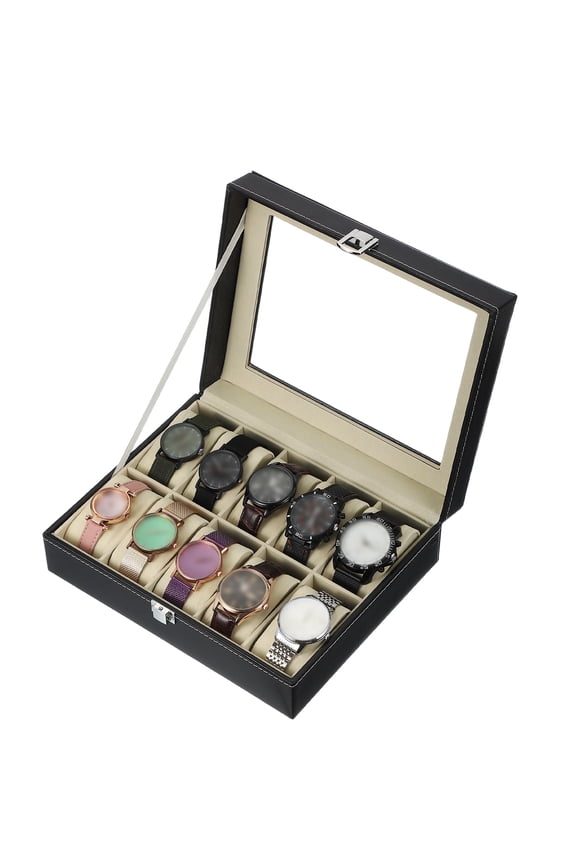 xcell 10 Slot Watch Storage Box, Watch Box for Men with Glass Cover, Wooden Watch Box with Removable Watch Pillow, Black/Beige