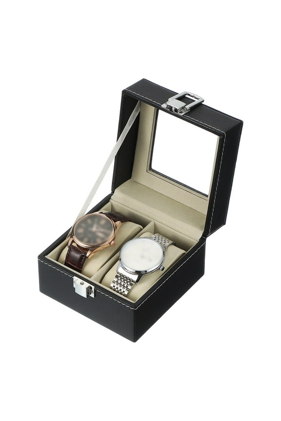 xcell 2 Slot Watch Storage Box, Watch Box for Men with Glass Cover, Wooden Watch Box with Removable Watch Pillow, Black/Beige