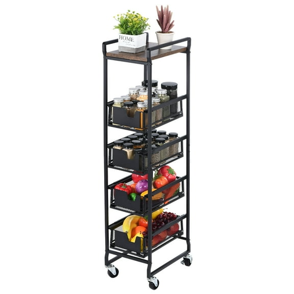 Uxcell 5 Tier Fruit Vegetable Basket, Rotating Fruit Vegetable Cart with Wheels for Kitchen, Living Room, Bathroom