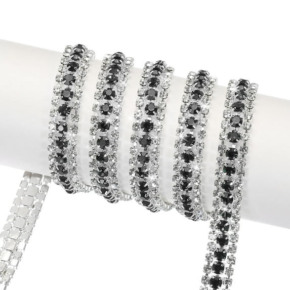 Uxcell 5 Yard 9mm 3 Rows Crystal Rhinestone Diamond Close Chain Trim Claw Cup Chain for Sewing,Silver Black White
