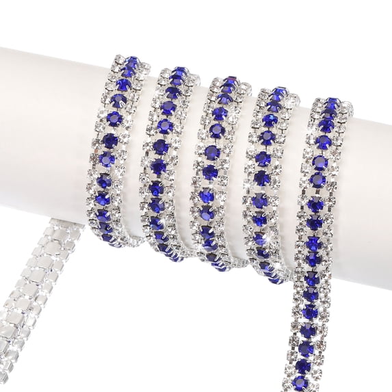 Uxcell 5 Yard 9mm 3 Rows Crystal Rhinestone Diamond Close Chain Trim Claw Cup Chain for Sewing,Silver Dark Blue White