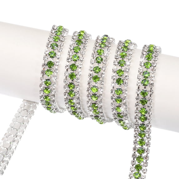 Uxcell 5 Yard 9mm 3 Rows Crystal Rhinestone Diamond Close Chain Trim Claw Cup Chain for Sewing,Silver Light Green White