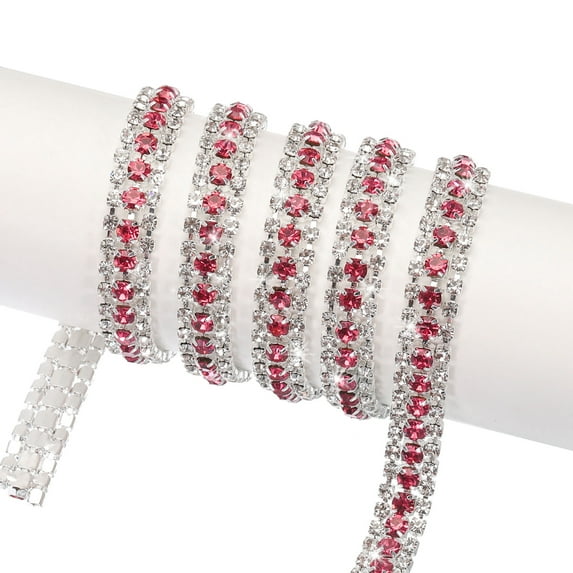 Uxcell 5 Yard 9mm 3 Rows Crystal Rhinestone Diamond Close Chain Trim Claw Cup Chain for Sewing,Silver Rose Red White