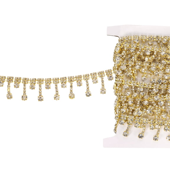 Uxcell 5 Yard Rhinestone Fringe Trim Chains, Diamond Crystal Strips Tassel Chain Sewing Decorative Chains for Crafts DIY Clothing Bags Hat Belt Wedding Party Decoration, AB Gold