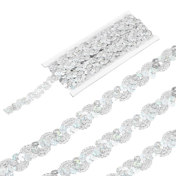Uxcell 5 Yard Sequins Beaded Lace Trim 0.6 Inch Wave Sequin Braid Ribbon for Crafts, Bling Silver
