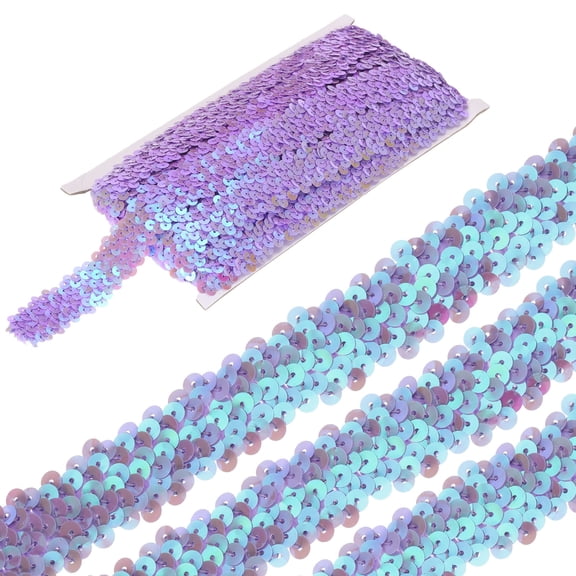 Uxcell 5 Yards 1.2 Inch Elastic Sequins Trim 3 Row Flat Sequin Strip Paillette Fabric Ribbon for Crafts DIY Fringe Sewing Costume Dress, AB Light Purple