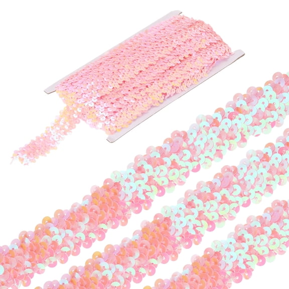 Uxcell 5 Yards 1.2 Inch Elastic Sequins Trim 3 Row Flat Sequin Strip Paillette Fabric Ribbon for Crafts DIY Fringe Sewing Costume Dress, Pink