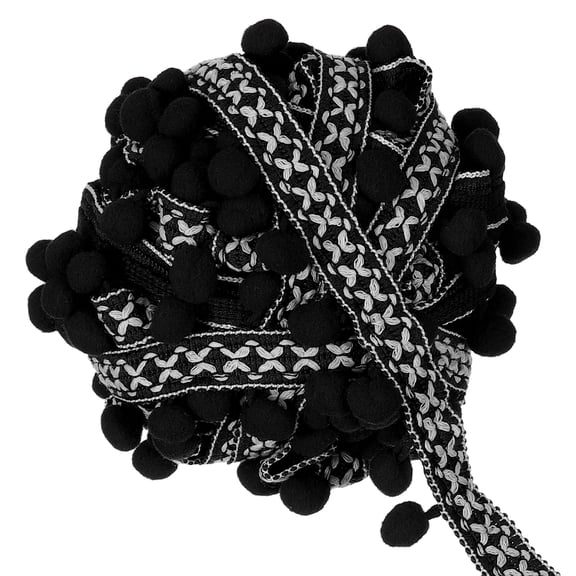 Uxcell 5 Yards Pom Pom Ball Fringe Trim, 12mm Garland Ribbon Sewing Tassel Lace for Clothes Sewing Home Curtain Pillow Decoration, Black