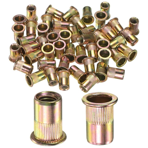 Uxcell 50-Pack 5/16"-18 UNC Rivet Nuts, Carbon Steel Knurled Flat Head Threaded Insert Nuts Color-Plated Zinc Knurled Rivet Nuts