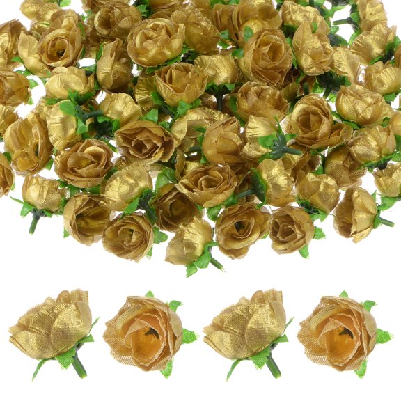 Uxcell 50 Pack Artificial Roses Heads 1.2'' Small Silk Faux Rose Head for Wedding Bouquet Party Decorations Gold Tone
