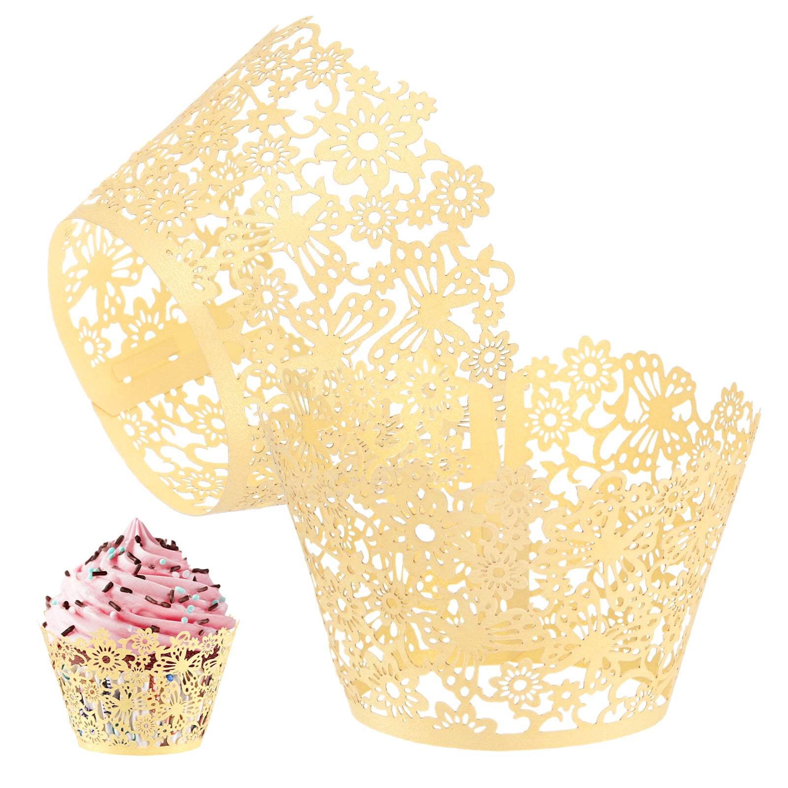 Uxcell 50 Pcs Gold Cupcake Wrappers – Hollow Out Water Drop Lace Design, Paper Liners For Wedding & Party Decoration