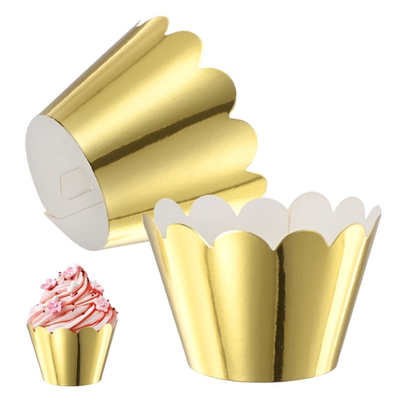 Uxcell 50-Pack Cupcake Wrappers Wave Decoration Standard Baking Cups for Wedding Birthday Party [Reflective Gold]