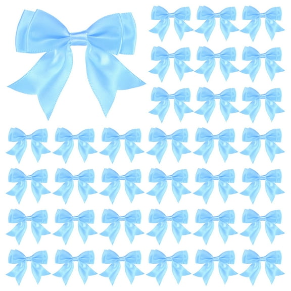 Uxcell 50-Pack Double-Deck Pre Tied Bows 3.6x2.2 Inch Checkered Fabric Satin for Craft DIY Light Blue