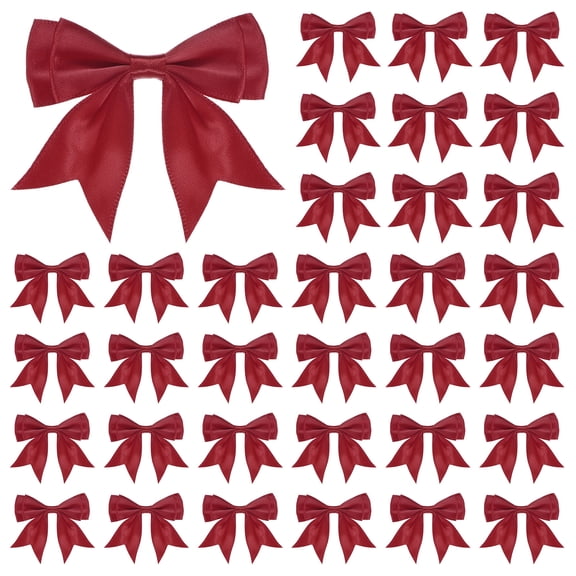 Uxcell 50-Pack Double-Deck Pre Tied Bows 3.6x2.2 Inch Checkered Fabric Satin for Craft DIY Wine Red