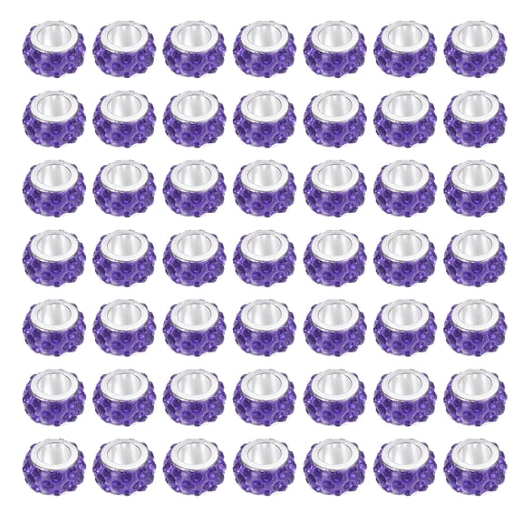 Uxcell 50 Pack European Large Hole Beads, Rhinestone Big Hole Rondelle Spacer Beads for DIY Bracelets Jewelry Making, Purple