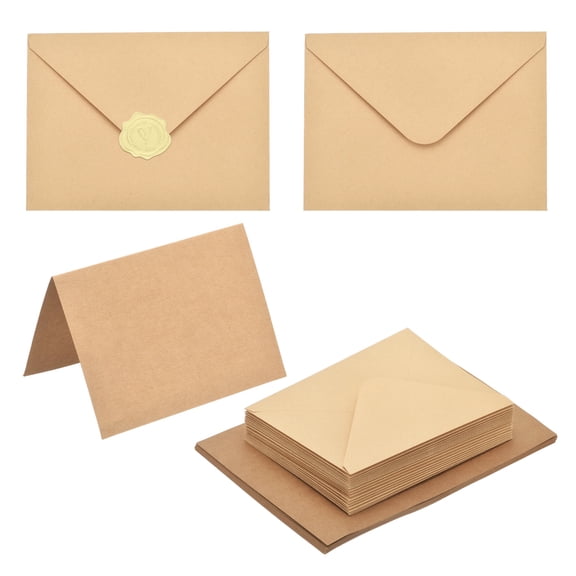 Uxcell 50 Pack Light Brown 5x7 Envelopes with Cards, V Flap A7 Envelopes with Gold Stickers for Greeting Cards and Invitations