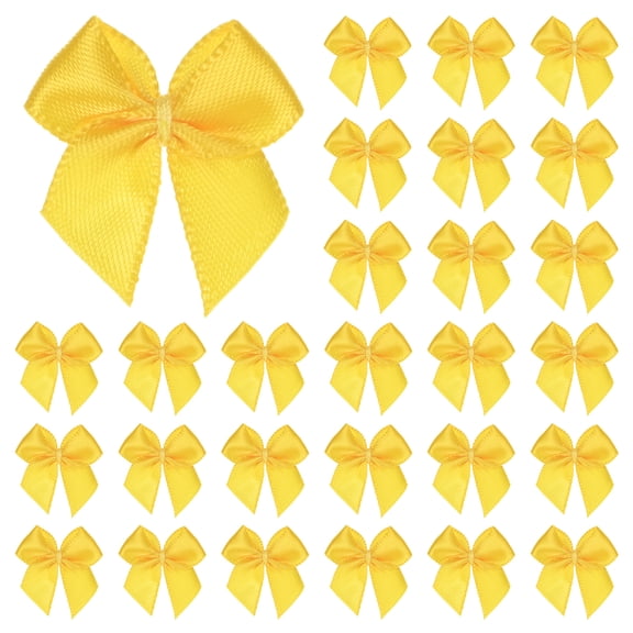 Uxcell 50 Pack Mini Craft Ribbon Bow 0.98 x 0.98 inch Checkered Fabric Satin Ribbon Bows Boutique for DIY Yellow