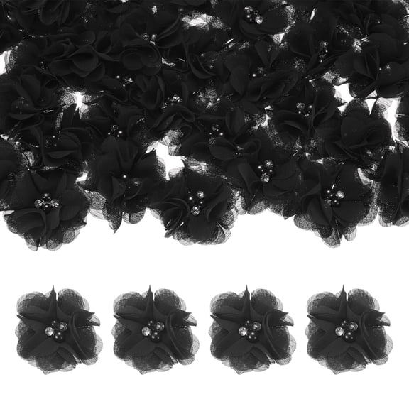 Uxcell 50-Pack Rhinestone Pearl Chiffon Flowers 2.17 x 2.17 Inch Mesh Fabric Flowers for Home Decor and DIY Black