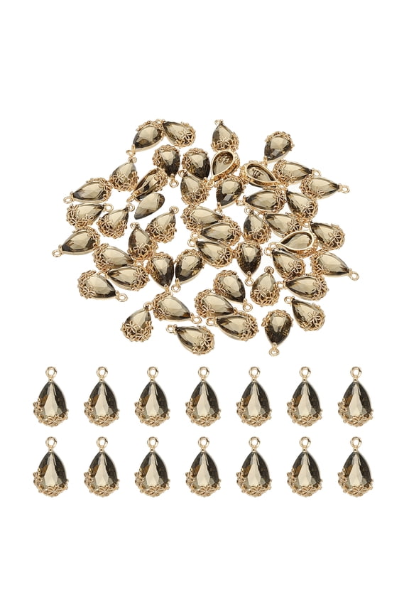 50 Pcs Faceted Teardrop Rhinestone Gemstone Charms, 16 x 9 mm Gold Plated Glass Crystal Dangle Pendants, Light Grey