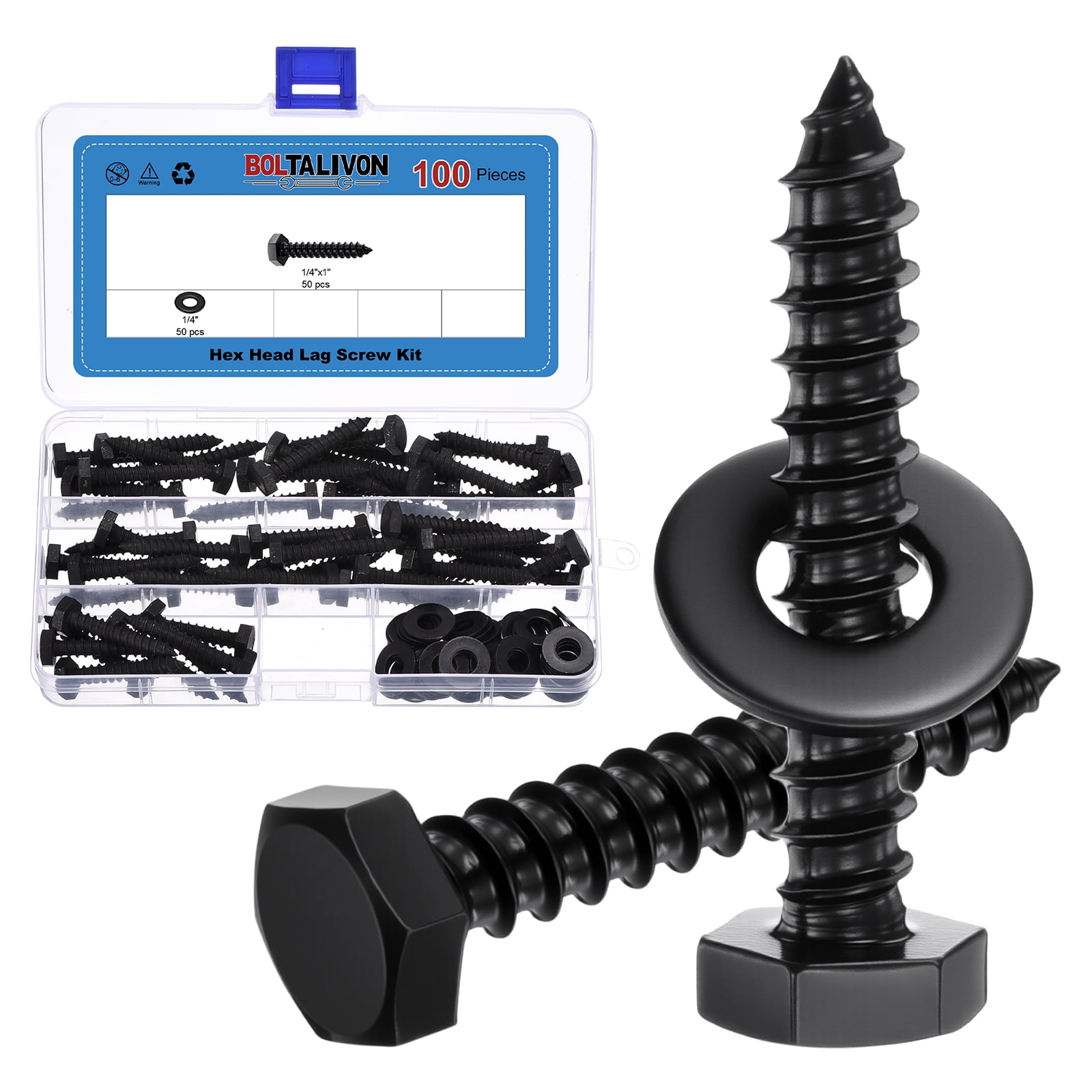 Uxcell 50 Pcs Hex Head Lag Screws - 1/4"x1-1/2" Stainless Steel 18-8 (304) Lag Bolts Hexagon Head Heavy Duty Wood Screws with Flat Washers for Wood, Decks, Fences, Furniture, Black